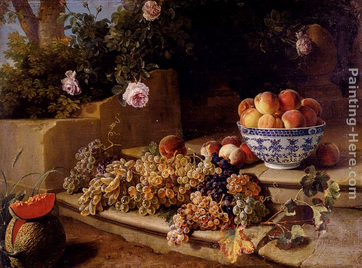 Still Life Of Grapes, Peaches In A Blue And White Porcelain Bowl And A Melon, Resting On A Stone Stairway painting - Alexandre-Francois Desportes Still Life Of Grapes, Peaches In A Blue And White Porcelain Bowl And A Melon, Resting On A Stone Stairway art painting